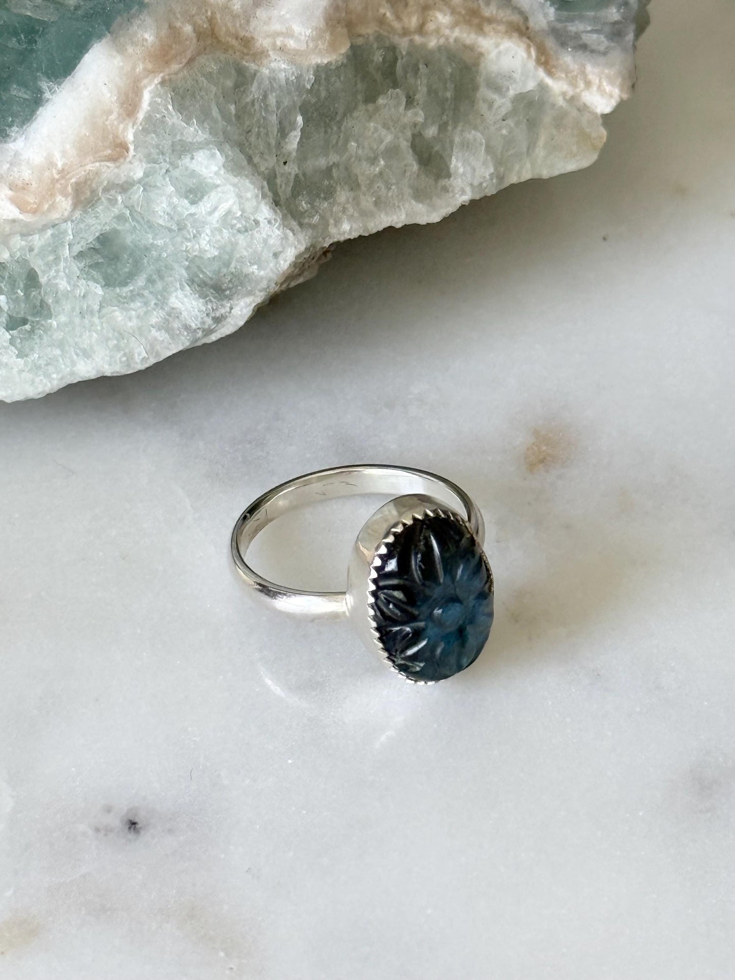 Carved Flower Labradorite Ring | Size 7