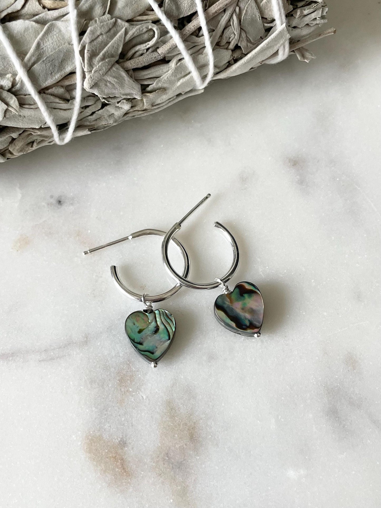 Sterling Silver Hoop Earrings w/Silver Starfish or Heart Abalone Charms