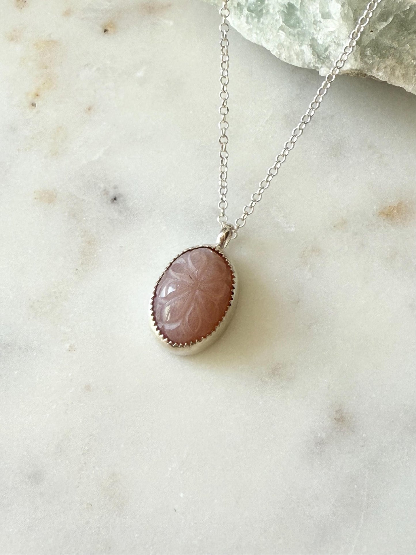Carved Flower Peach Moonstone Pendant