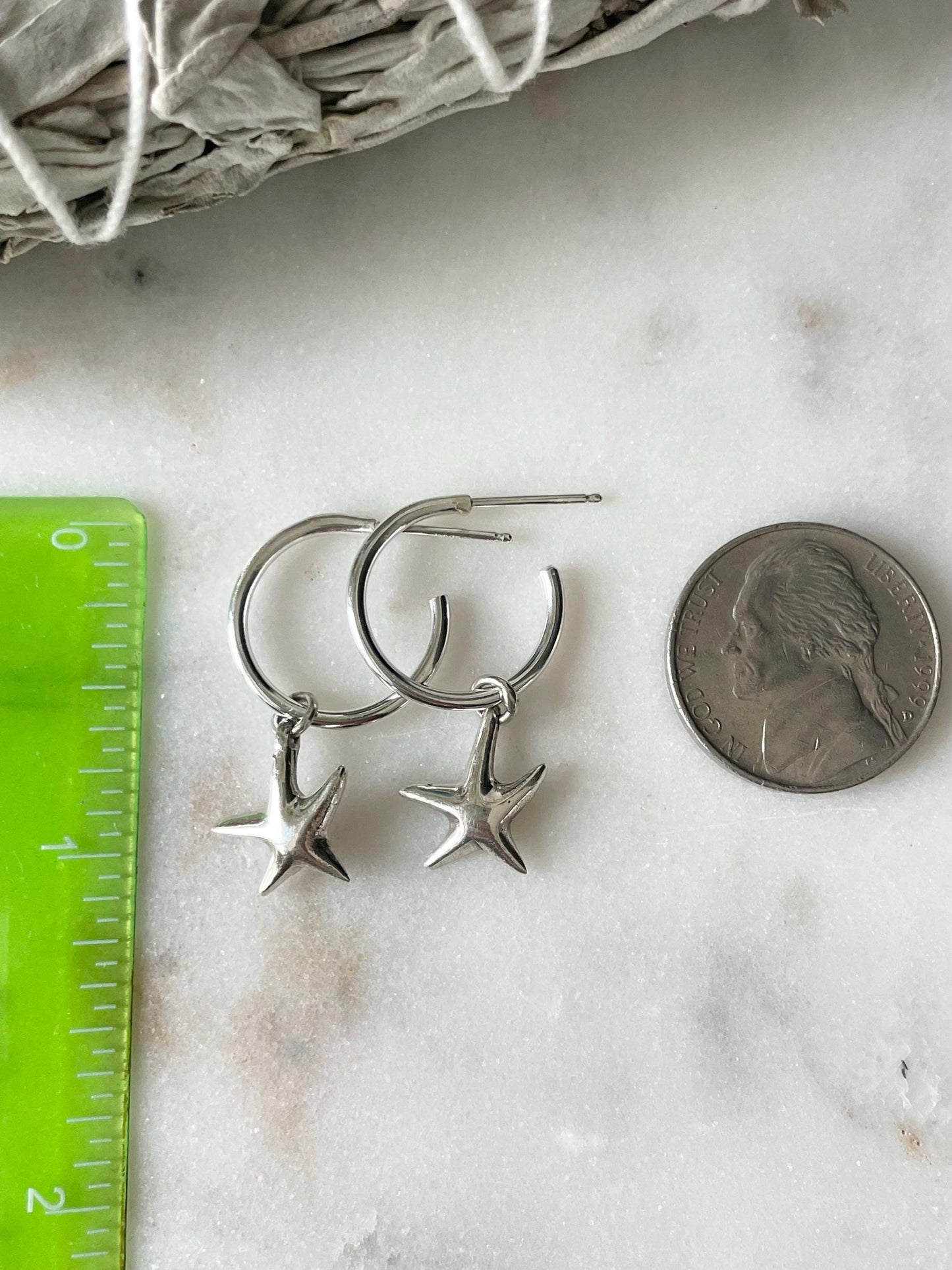 Sterling Silver Hoop Earrings w/Silver Starfish or Heart Abalone Charms