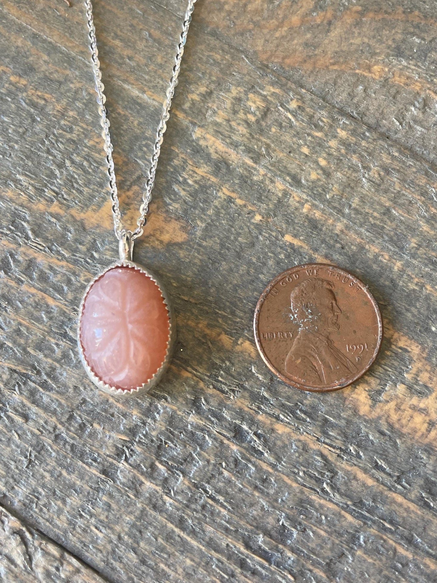 Carved Flower Peach Moonstone Pendant