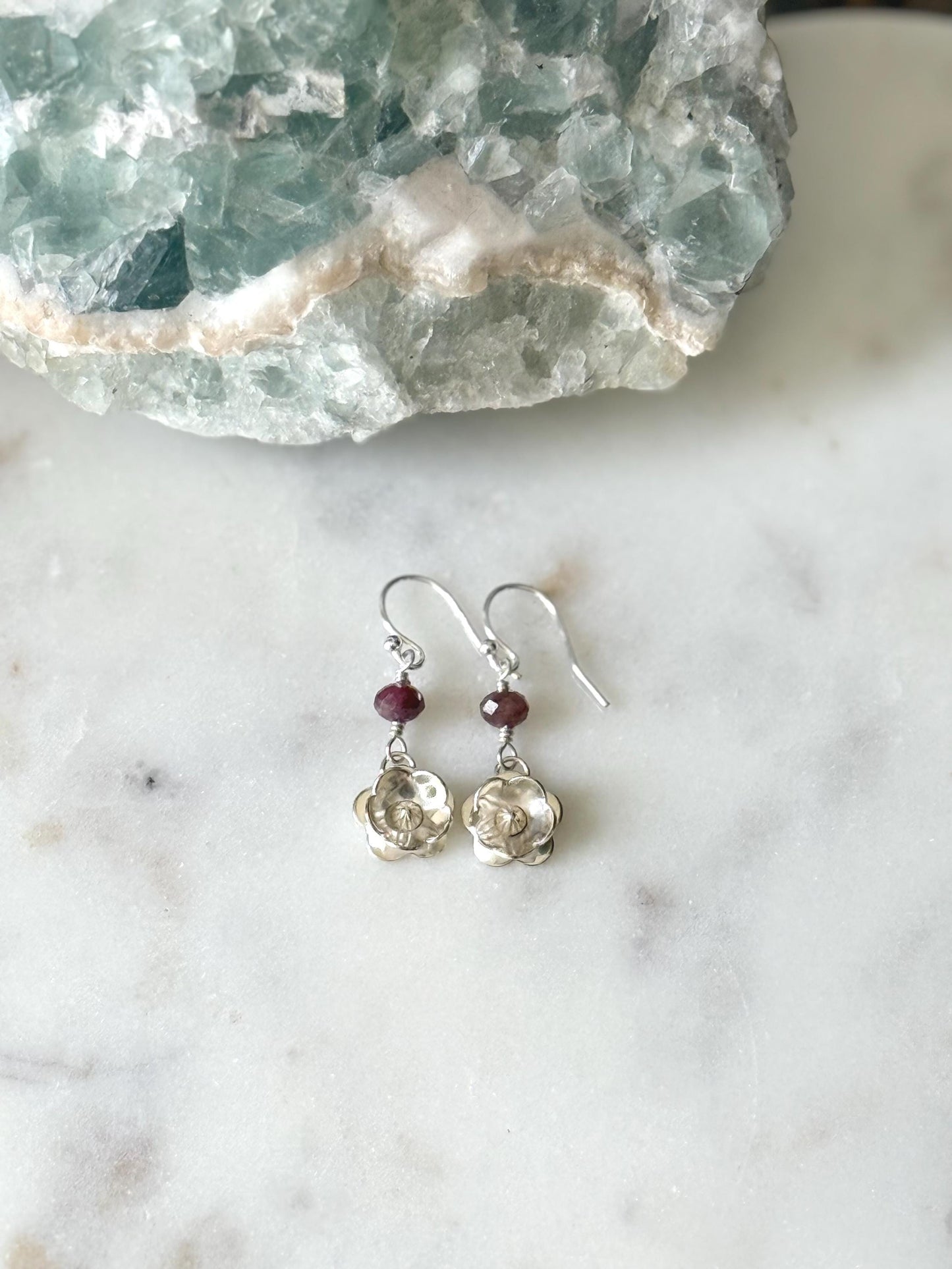 Pink Tourmaline Flower Dangle Earrings