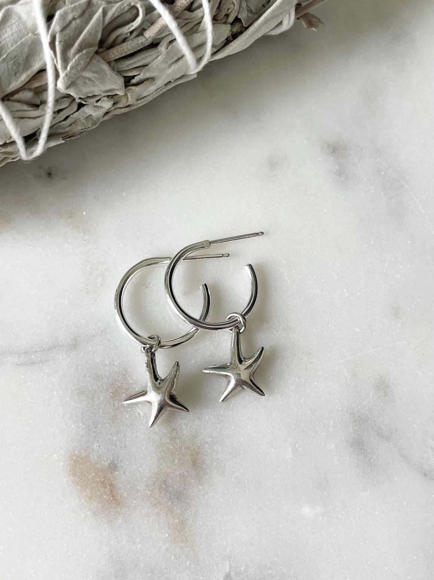 Sterling Silver Hoop Earrings w/Silver Starfish or Heart Abalone Charms