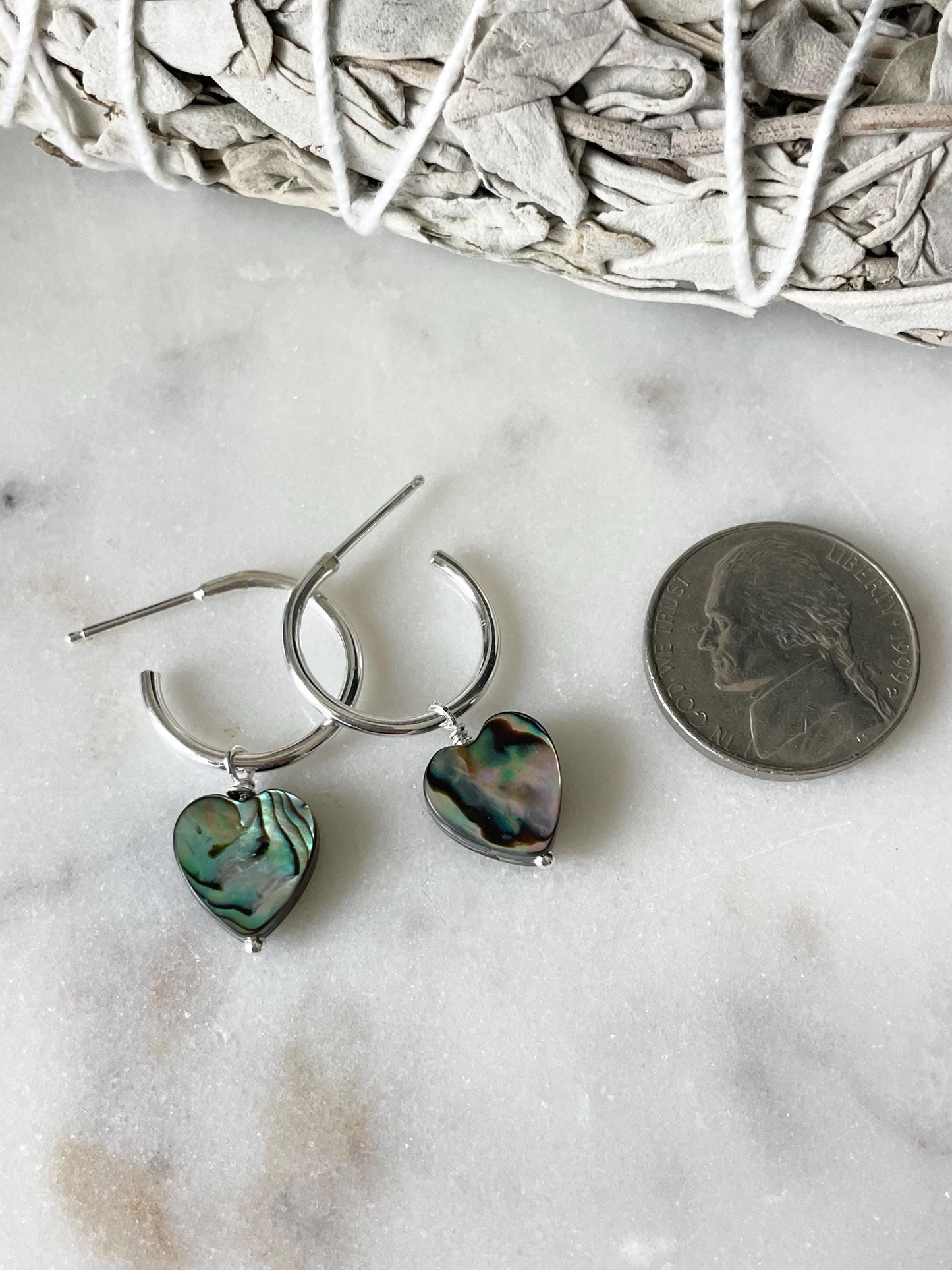 Sterling Silver Hoop Earrings w/Silver Starfish or Heart Abalone Charms