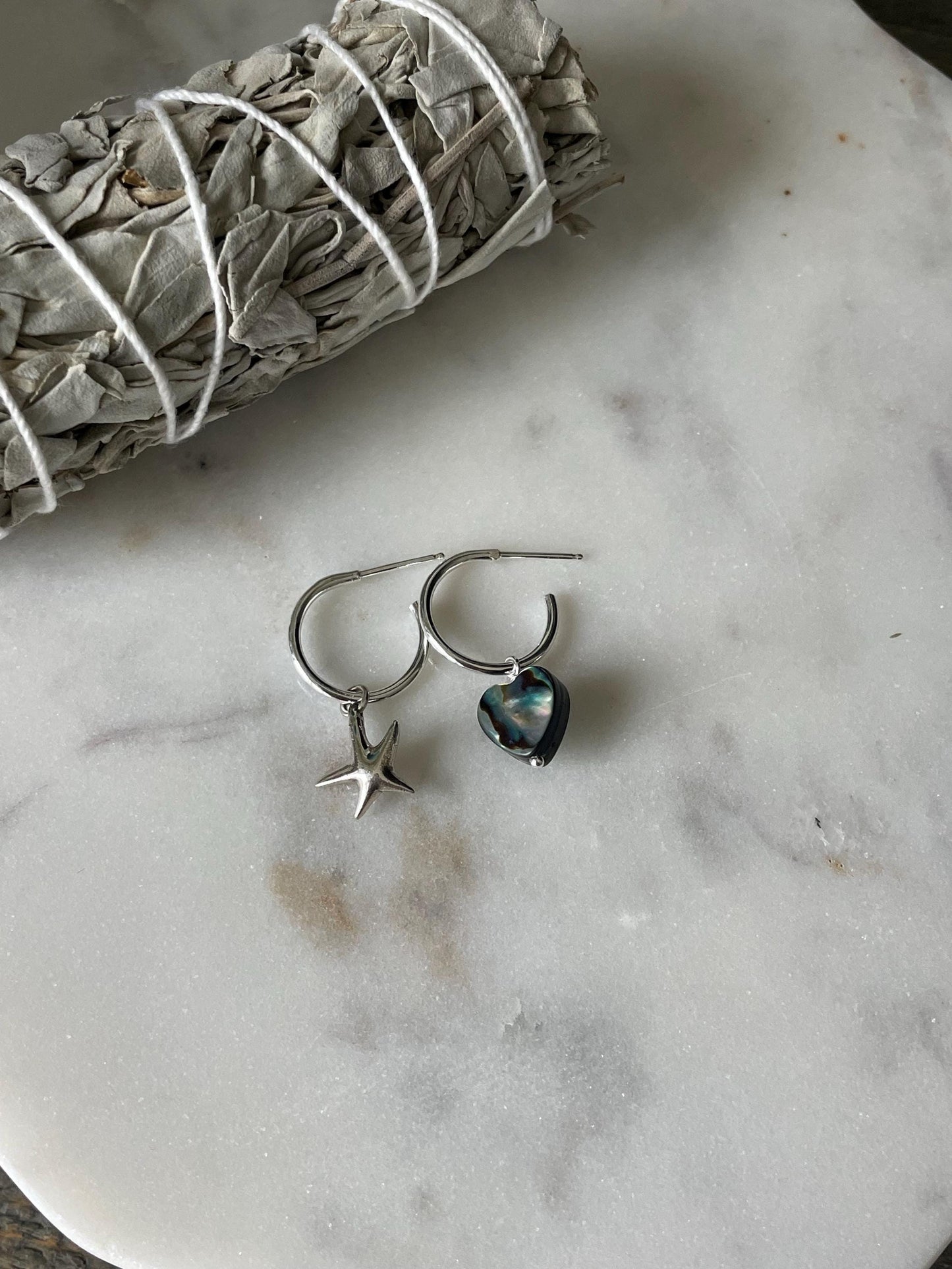 Sterling Silver Hoop Earrings w/Silver Starfish or Heart Abalone Charms