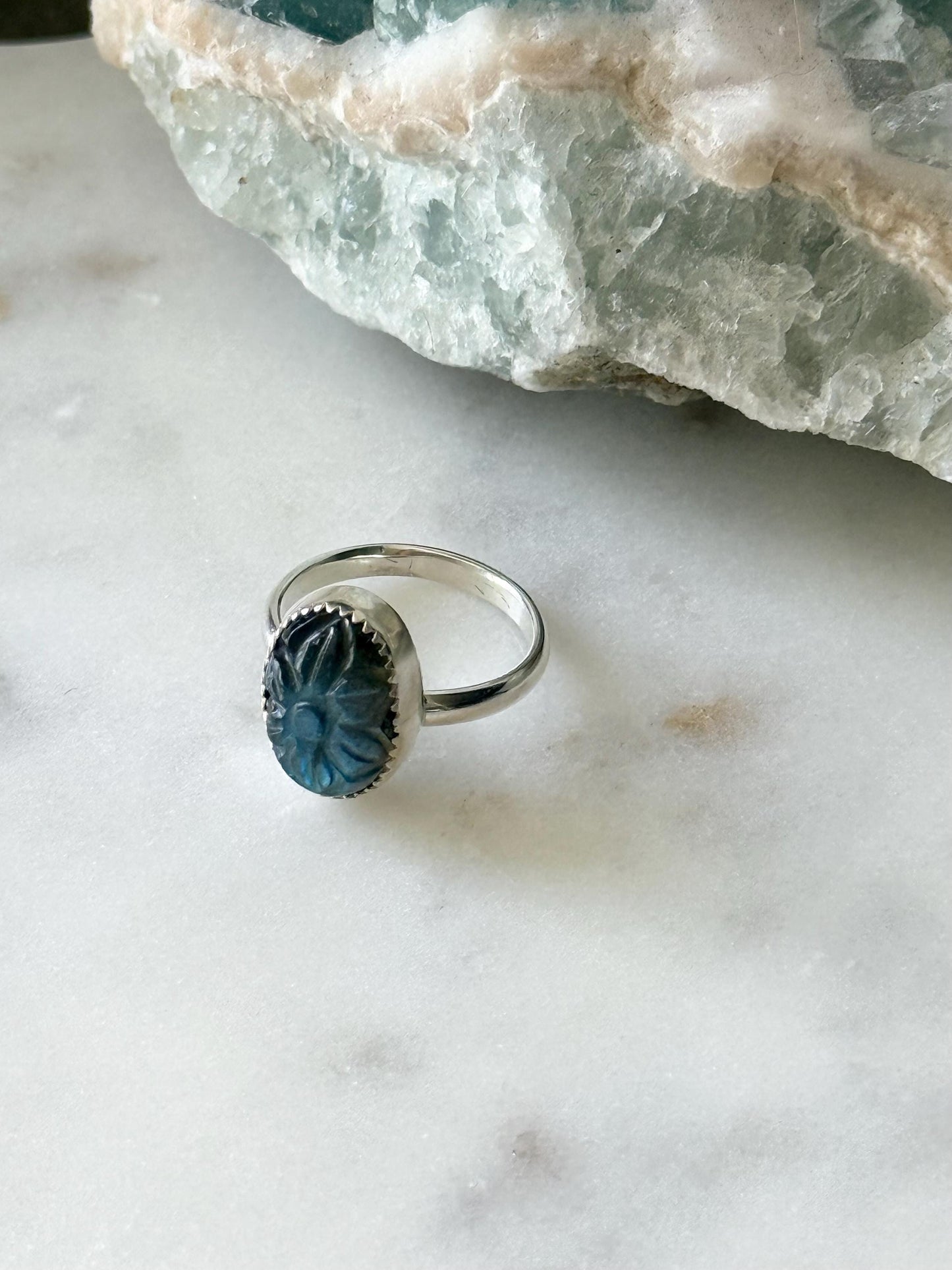 Carved Flower Labradorite Ring | Size 7