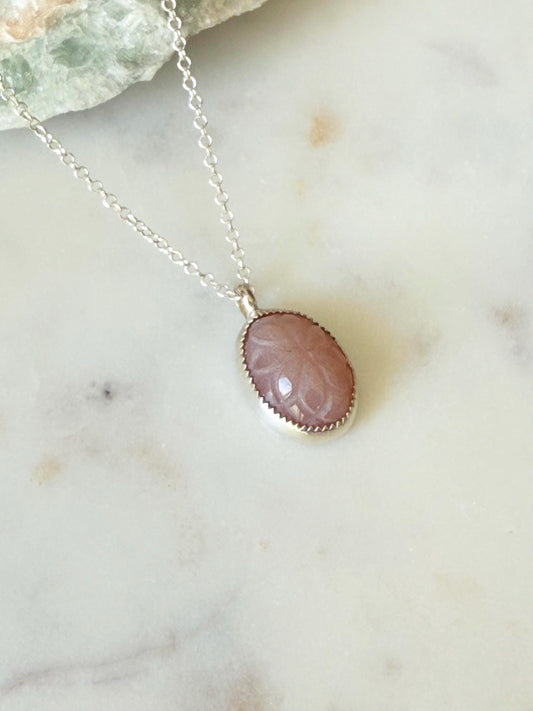 Carved Flower Peach Moonstone Pendant