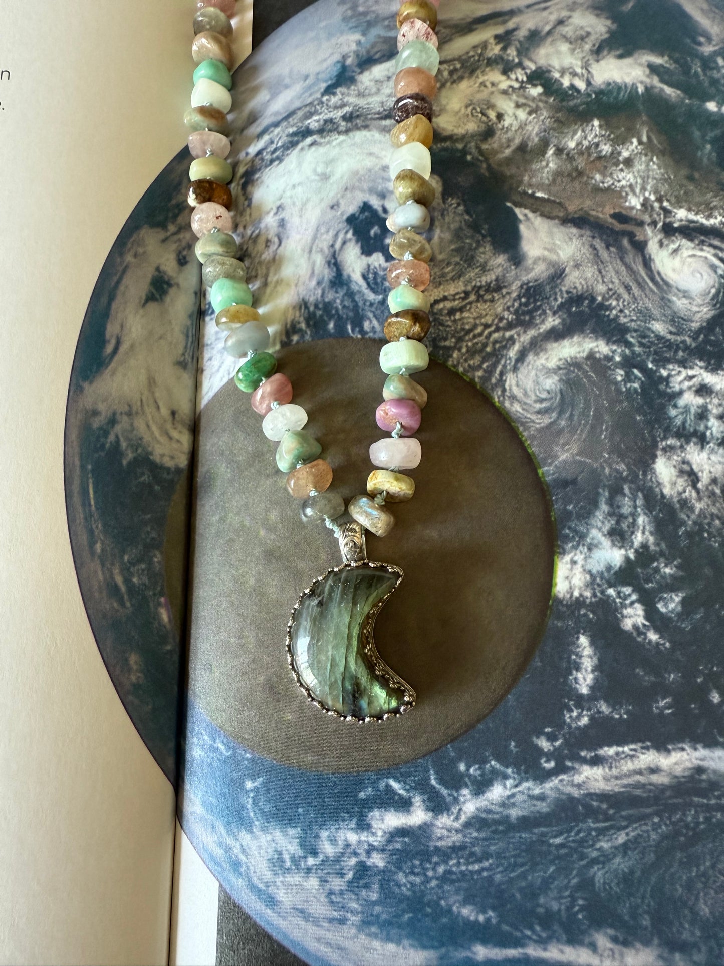 Moon Necklace | Celestial Crystal Jewelry | Handmade Labradorite Moon Sterling Silver Pendant | Lunar Spiritual Jewelry | Boho Gift for Her