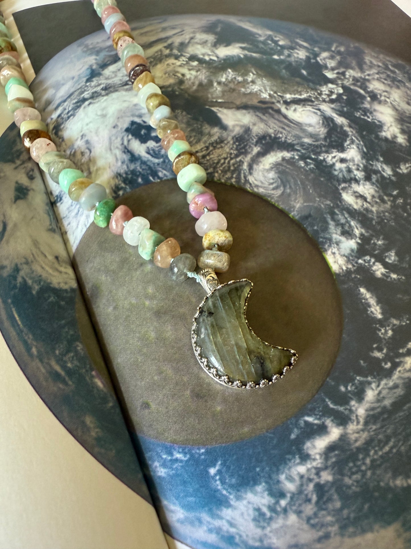 Moon Necklace | Celestial Crystal Jewelry | Handmade Labradorite Moon Sterling Silver Pendant | Lunar Spiritual Jewelry | Boho Gift for Her