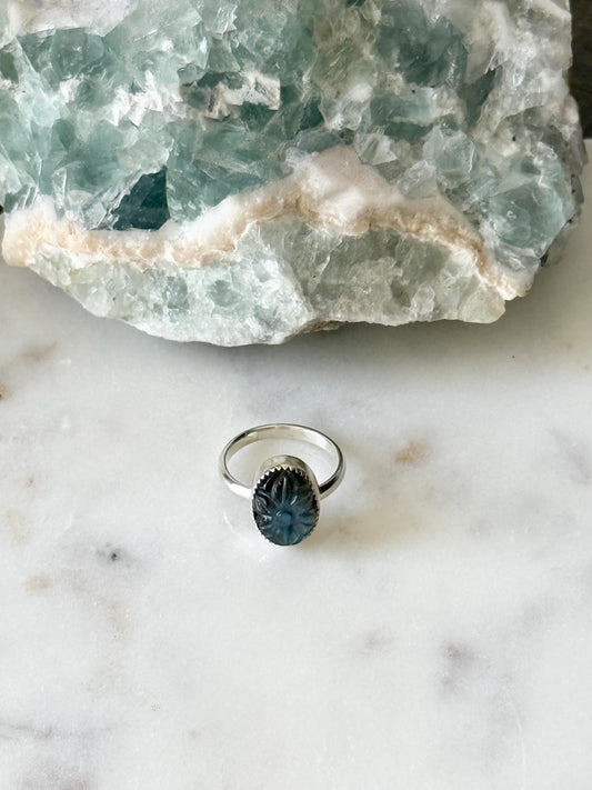 Carved Flower Labradorite Ring | Size 7