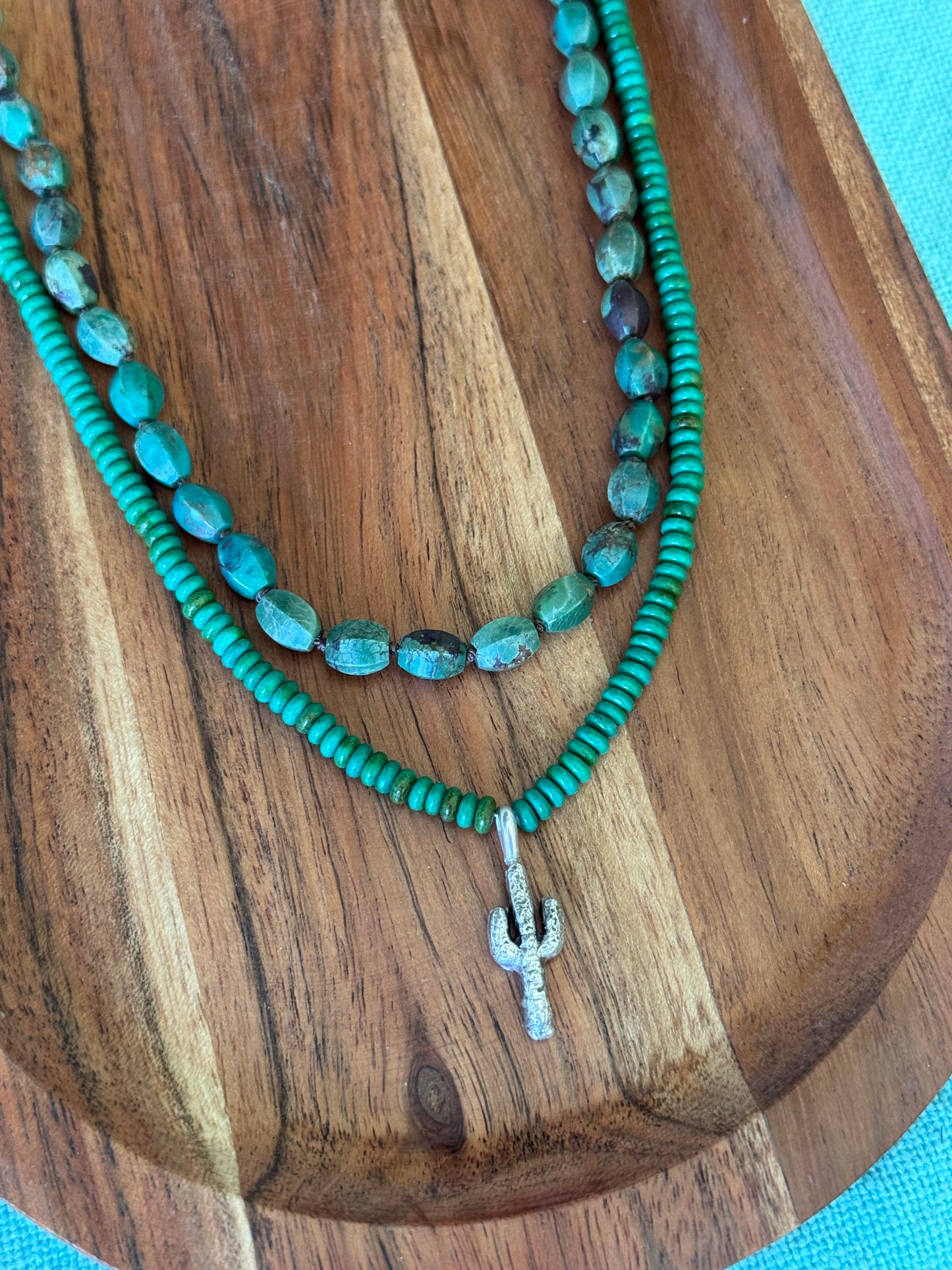 Green Turquoise Beaded Necklace w/Cactus Charm