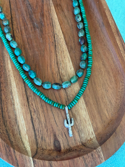 Green Turquoise Beaded Necklace w/Cactus Charm