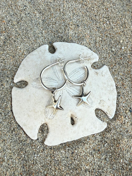 Sterling Silver Hoop Earrings w/Silver Starfish or Heart Abalone Charms
