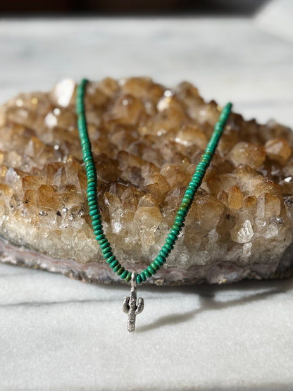 Green Turquoise Beaded Necklace w/Cactus Charm