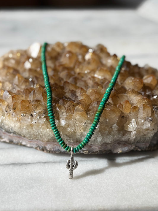 Green Turquoise Beaded Necklace w/Cactus Charm