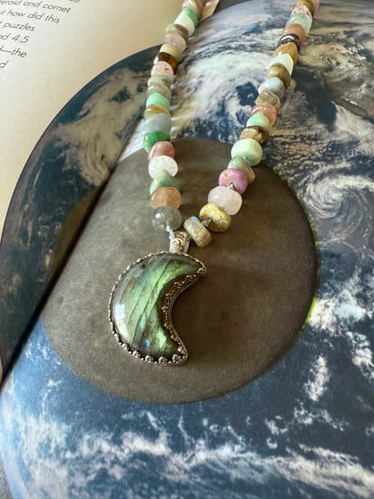 Moon Necklace | Celestial Crystal Jewelry | Handmade Labradorite Moon Sterling Silver Pendant | Lunar Spiritual Jewelry | Boho Gift for Her