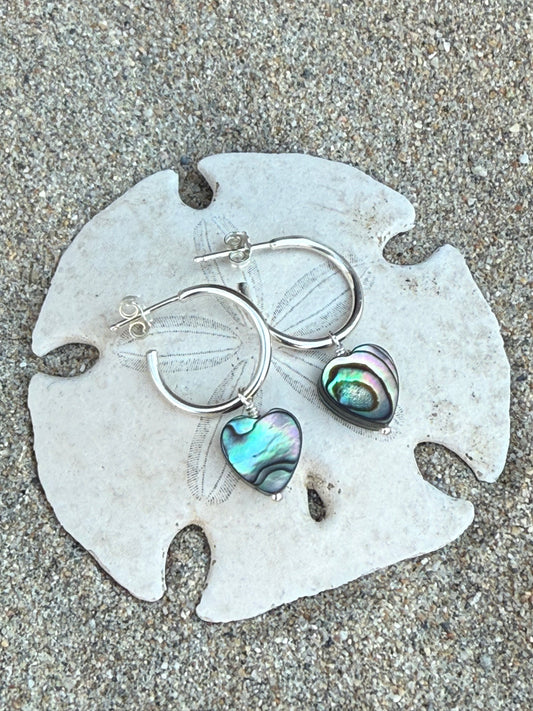Sterling Silver Hoop Earrings w/Silver Starfish or Heart Abalone Charms