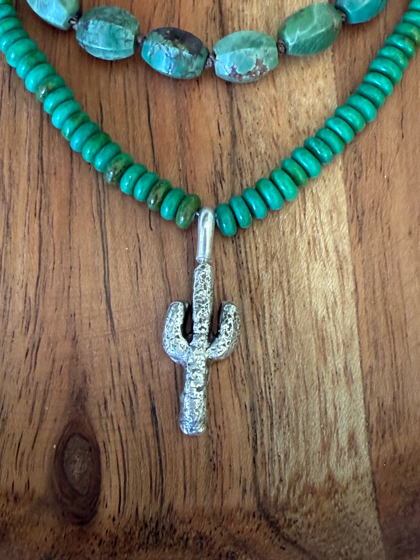 Green Turquoise Beaded Necklace w/Cactus Charm