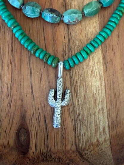Green Turquoise Beaded Necklace w/Cactus Charm