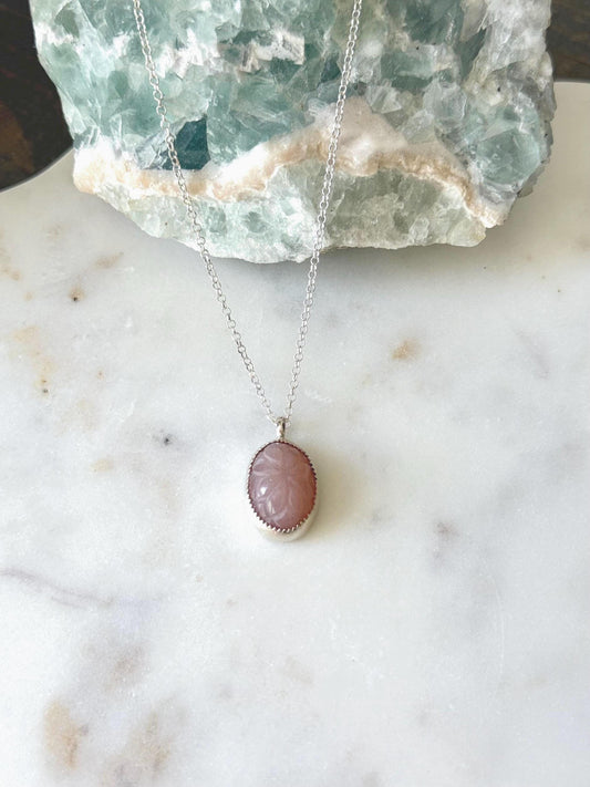 Carved Flower Peach Moonstone Pendant
